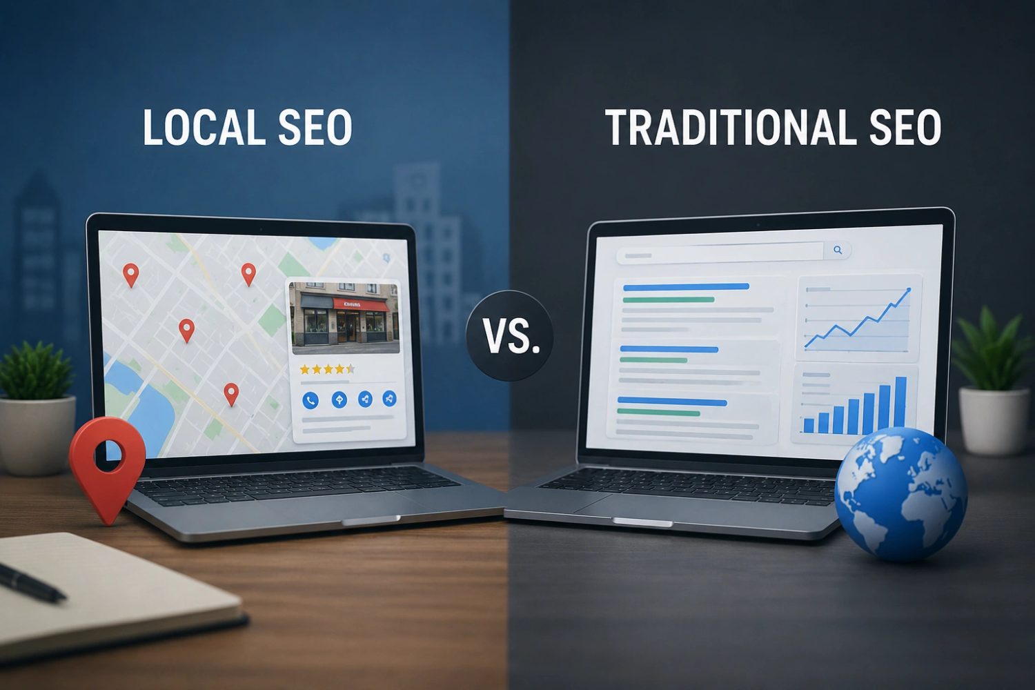 Comparison of local SEO showing map pins versus traditional SEO with global search results and analytics.