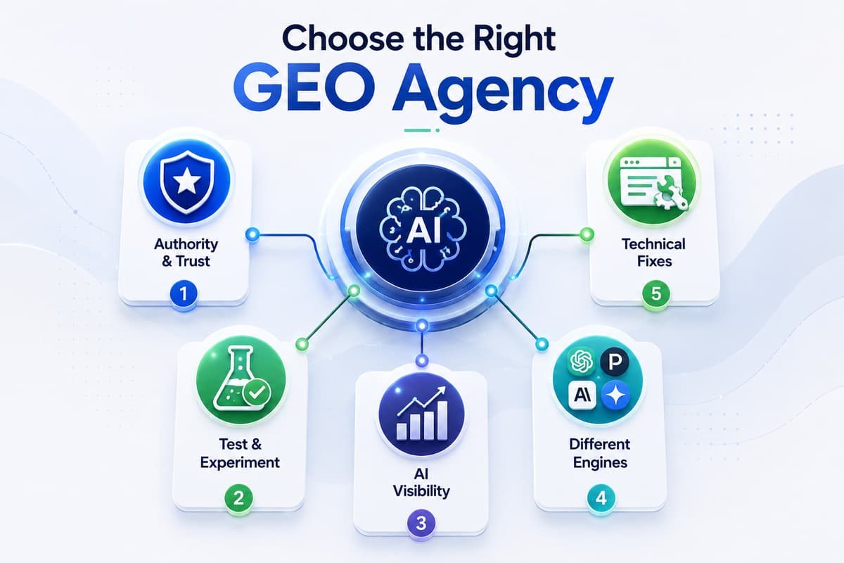 Infographic on choosing a GEO agency, covering authority, testing, AI visibility, search engines, and technical fixes.