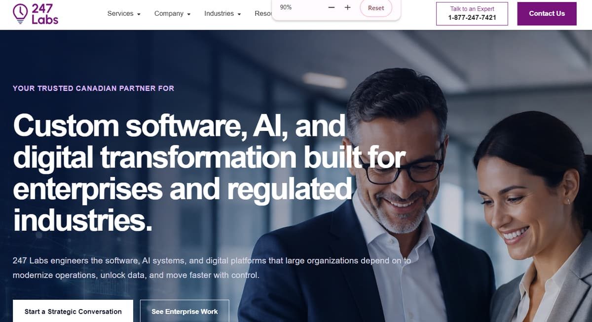 247 Labs homepage promoting custom software, AI, and digital transformation services for enterprises.