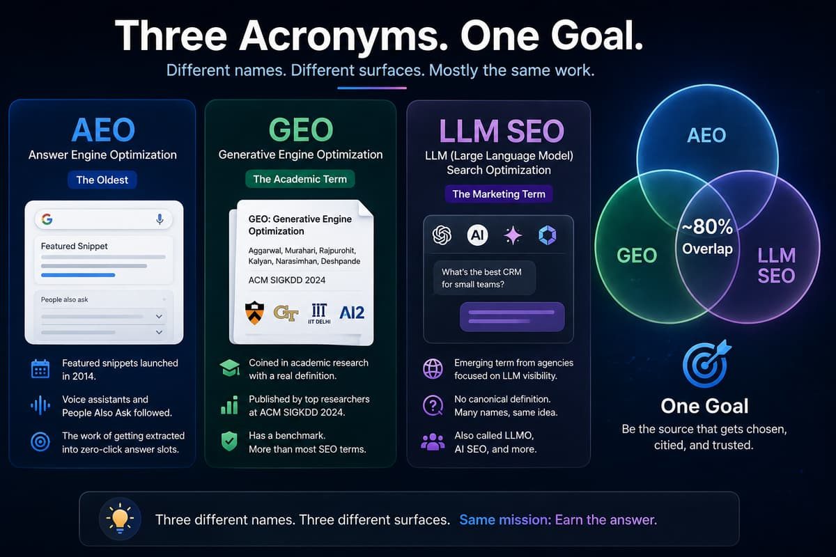 Infographic comparing AEO, GEO, and LLM SEO terms, highlighting their 80% overlap in AI search optimization.