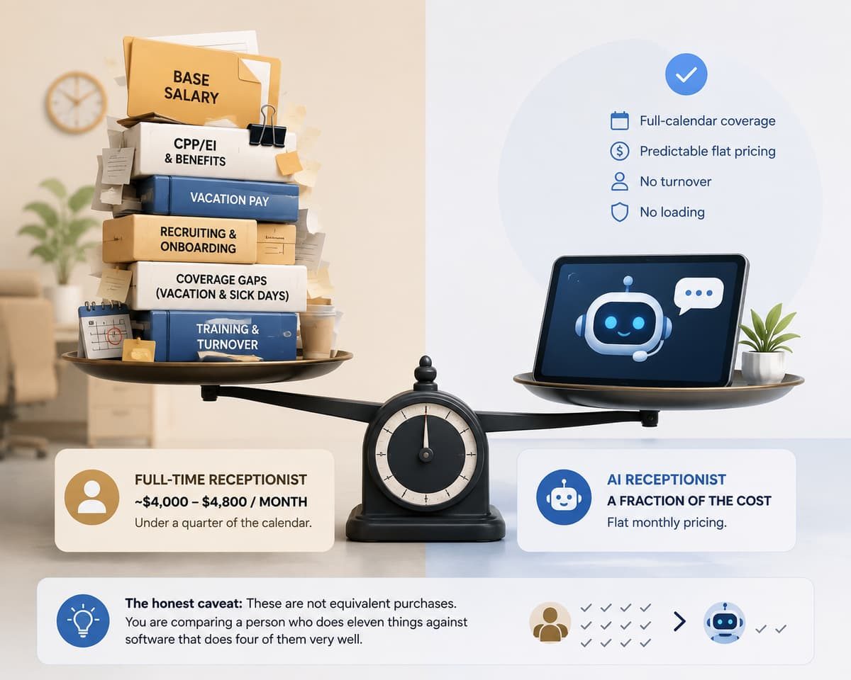 Balance scale comparing the high expenses of a full-time receptionist against a cost-effective AI receptionist.