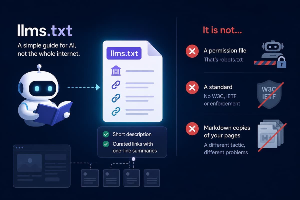 Infographic explaining what an llms.txt file is for AI, showing curated links and clarifying what it is not.