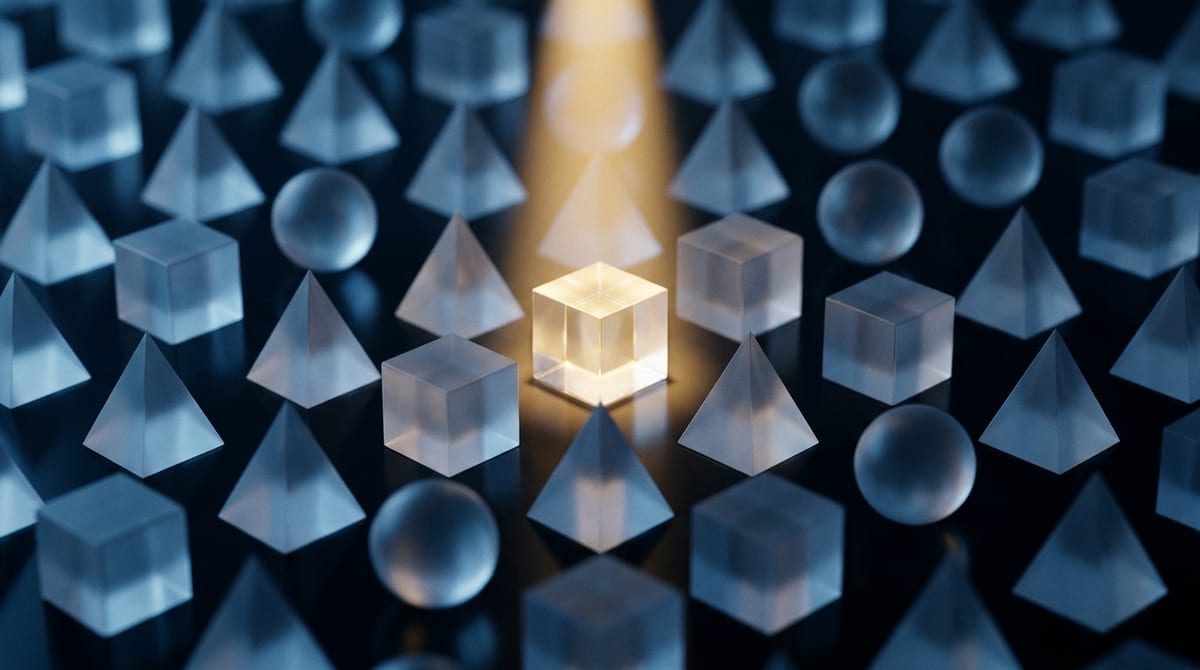 An illuminated crystal shape glowing under a spotlight amidst a network of dim geometric nodes, symbolizing selection.