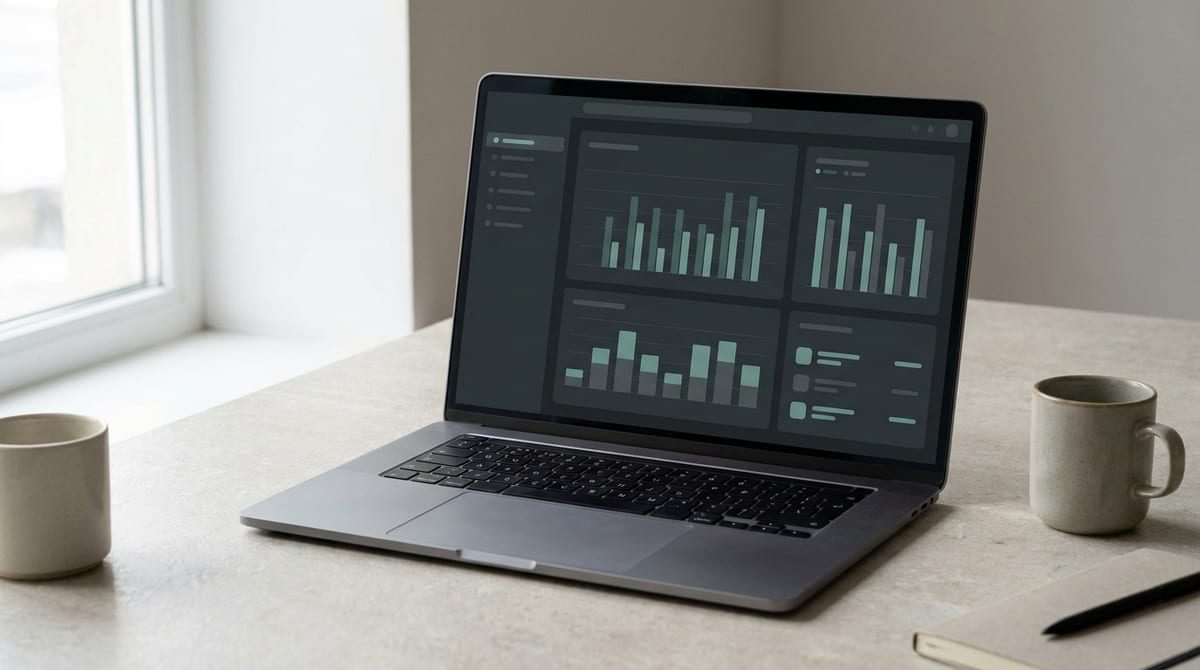 A laptop displaying a modern analytics dashboard tracking search performance metrics.
