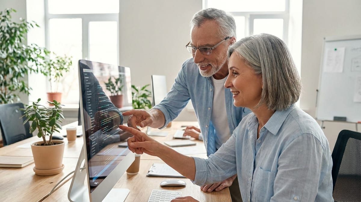 Two senior technical experts reviewing code on a vertical monitor in a modern office.