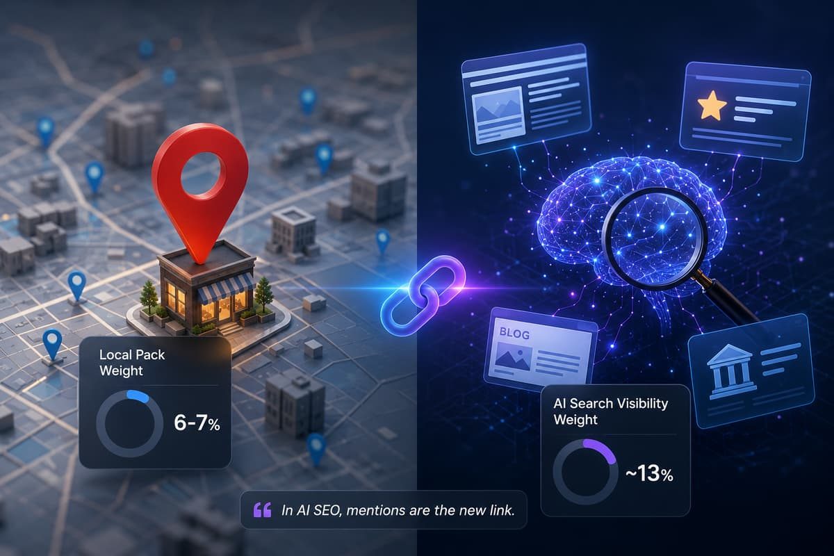 Comparison of Local Pack weight (6-7%) versus AI search visibility weight (~13%) highlighting AI SEO mentions.