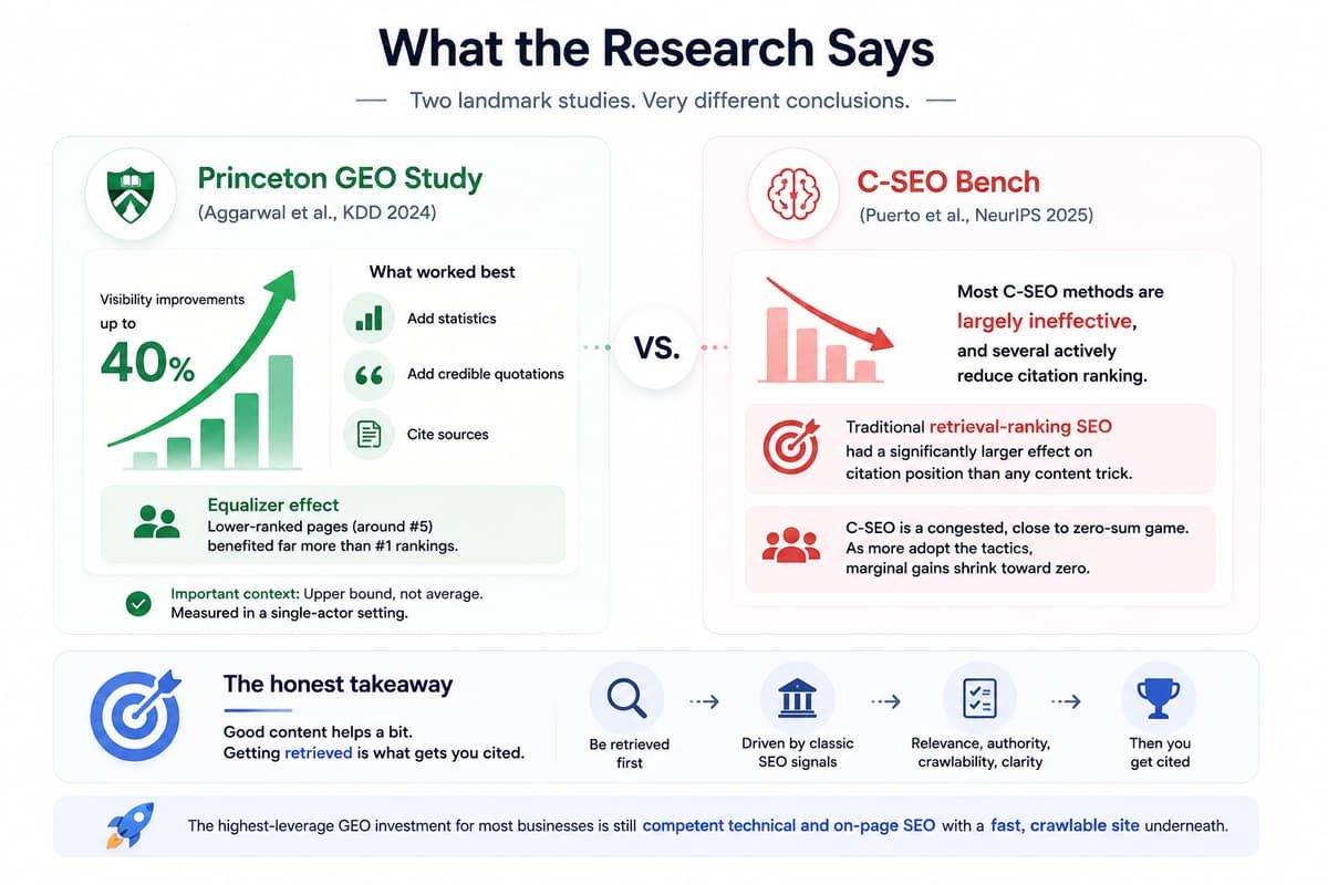 Comparison of Princeton GEO Study and C-SEO Bench research on generative engine optimization versus traditional SEO.
