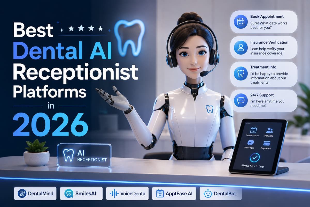 Best Dental AI Receptionist Platforms in 2026 graphic featuring a futuristic robot receptionist wearing a headset.