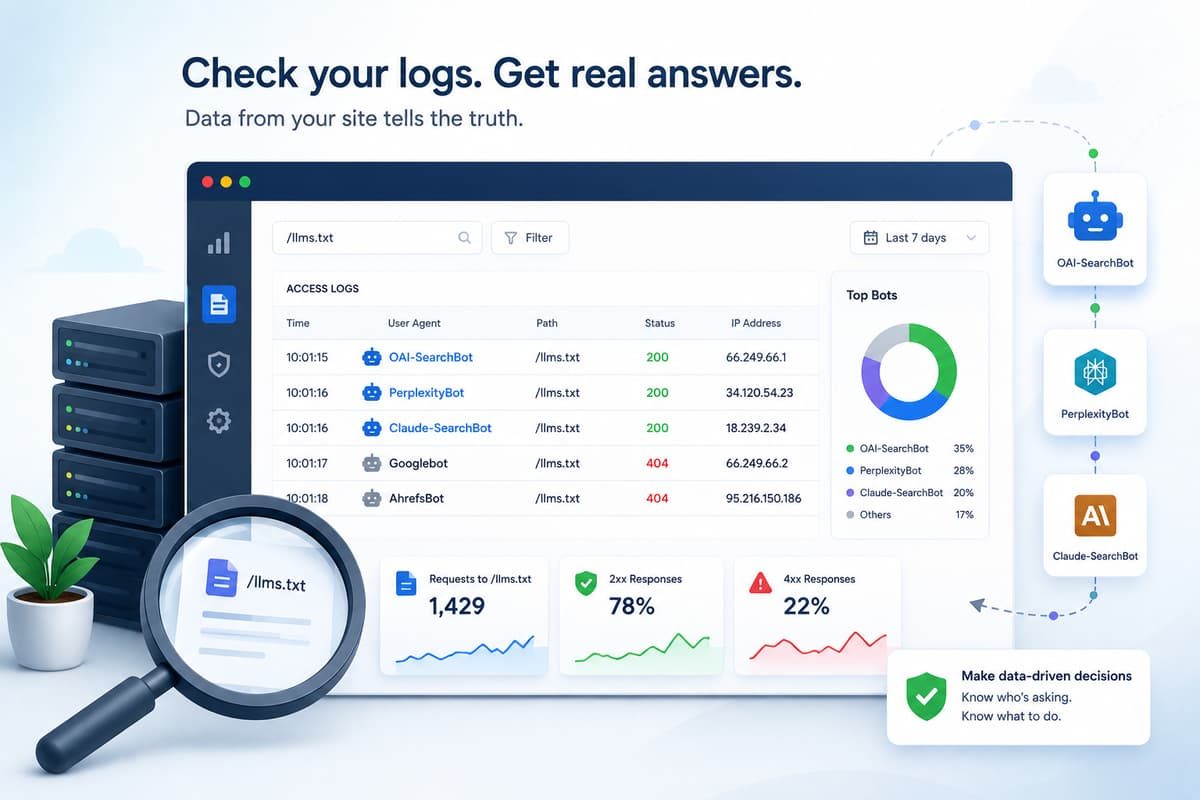 Dashboard displaying server access logs and analytics for AI crawlers like OAI-SearchBot and Claude accessing llms.txt.