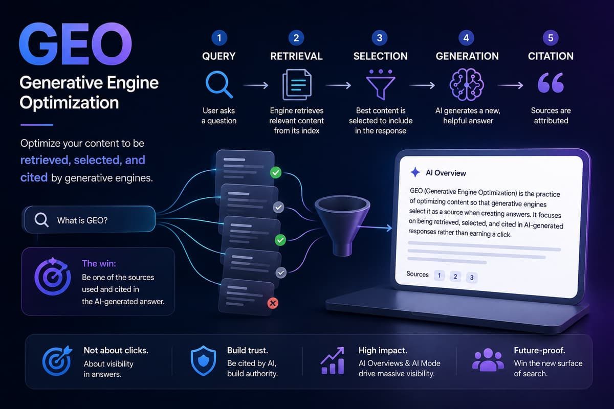 Generative Engine Optimization (GEO) infographic showing the 5-step process from search query to AI citation.