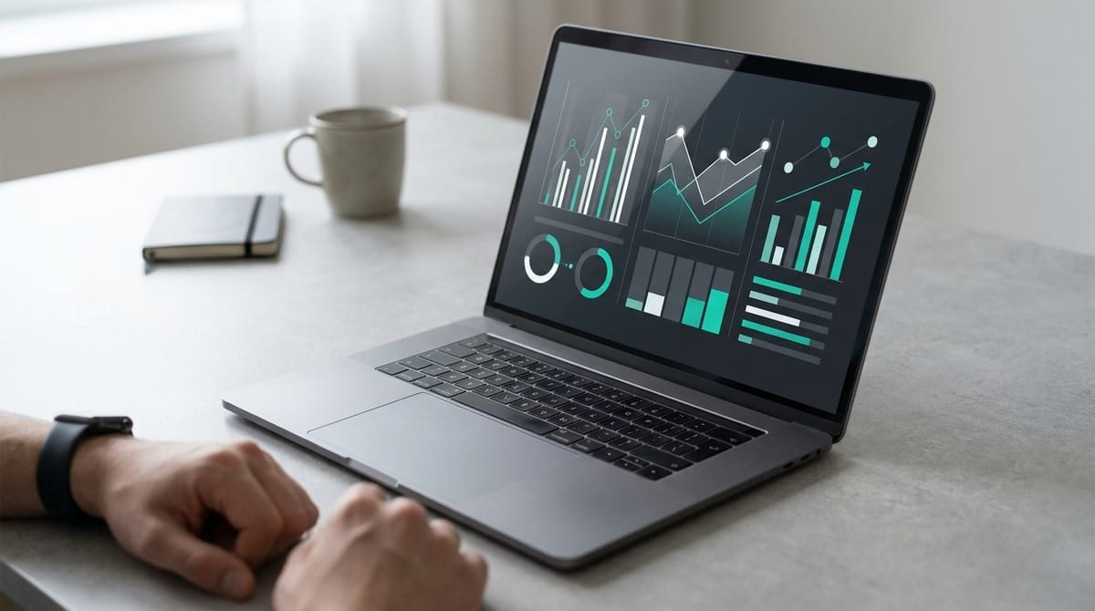 A laptop on a minimalist desk displaying an abstract, text-free analytics dashboard with teal and graphite graphs.