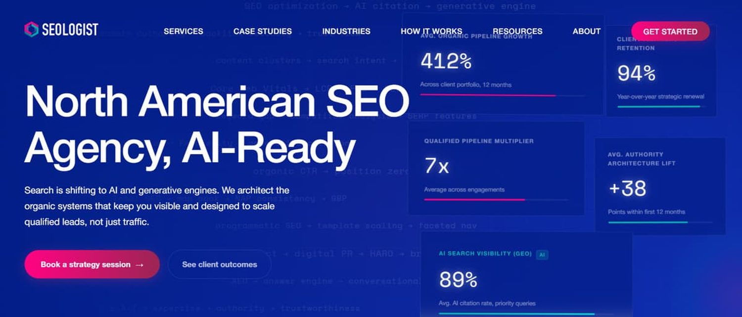 Seologist website hero section with headline "North American SEO Agency, AI-Ready" and organic growth statistics.