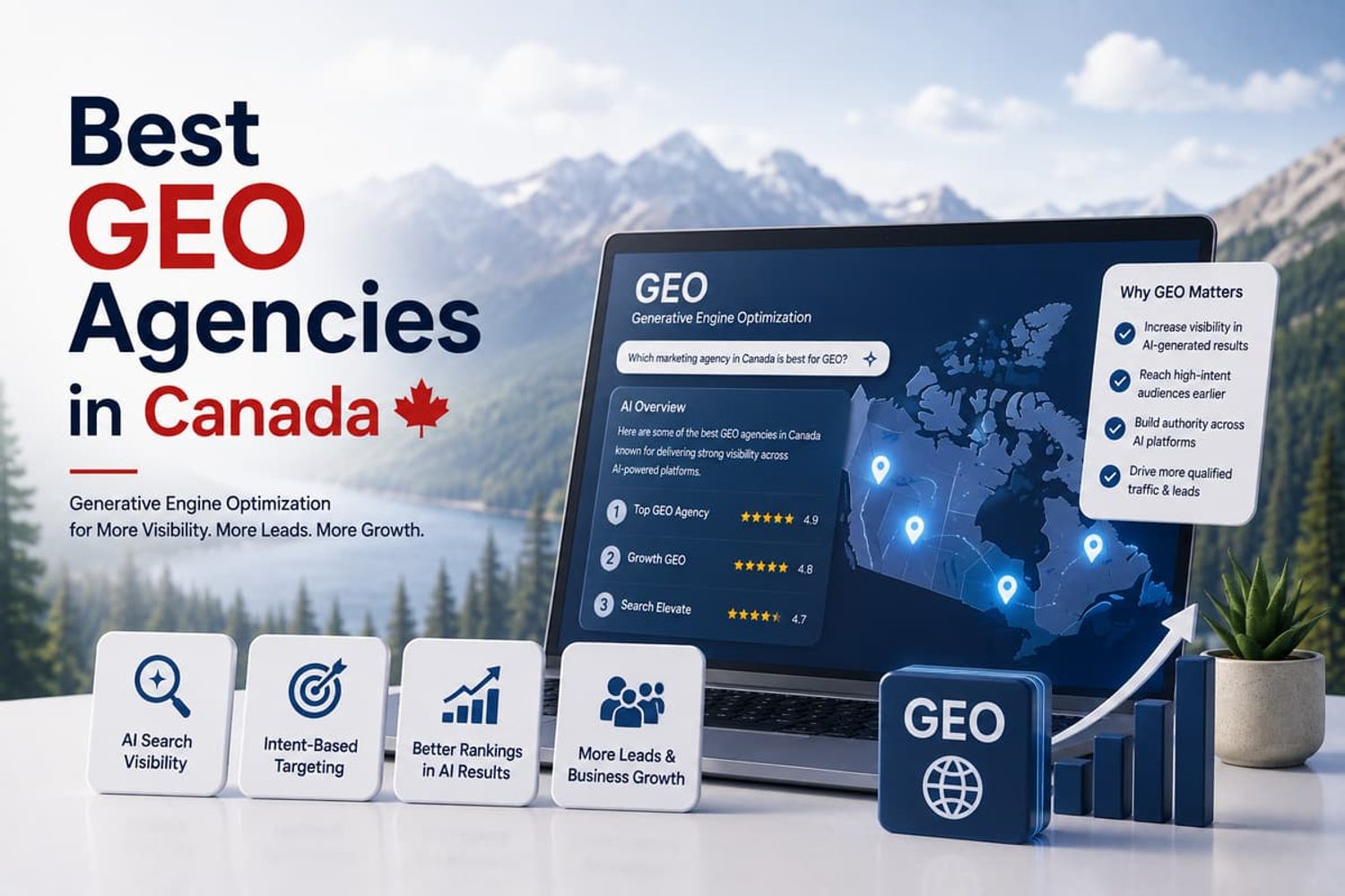 Best GEO agencies in Canada graphic with a laptop displaying generative engine optimization AI search results.