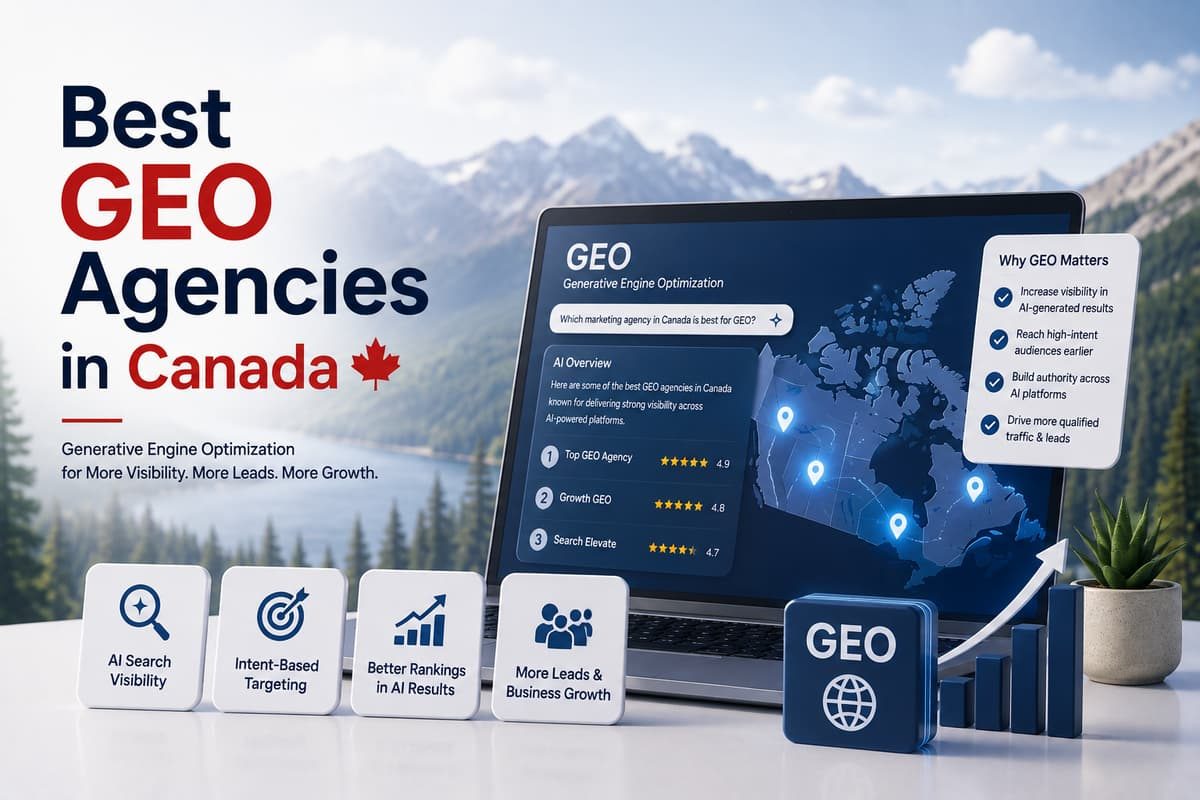 Best GEO agencies in Canada graphic with a laptop displaying generative engine optimization AI search results.
