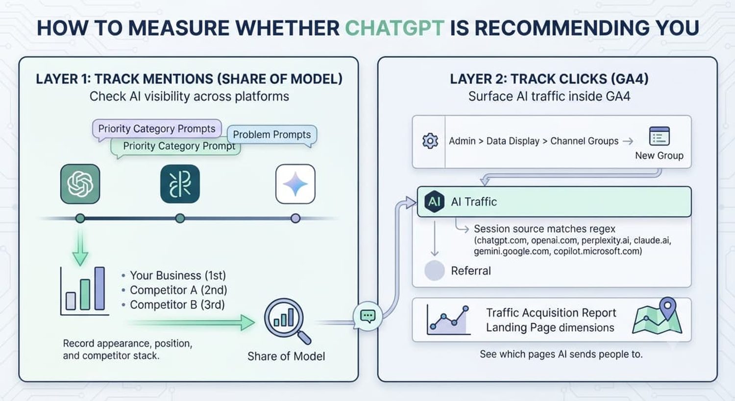 Diagram explaining how to measure ChatGPT recommendations via share of model brand mentions and GA4 AI referral traffic.