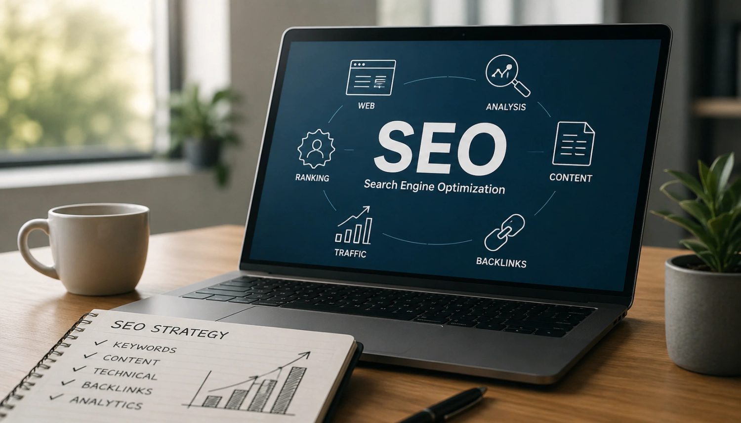 Laptop displaying an SEO diagram on screen next to an open notebook with an SEO strategy checklist on a wooden desk.