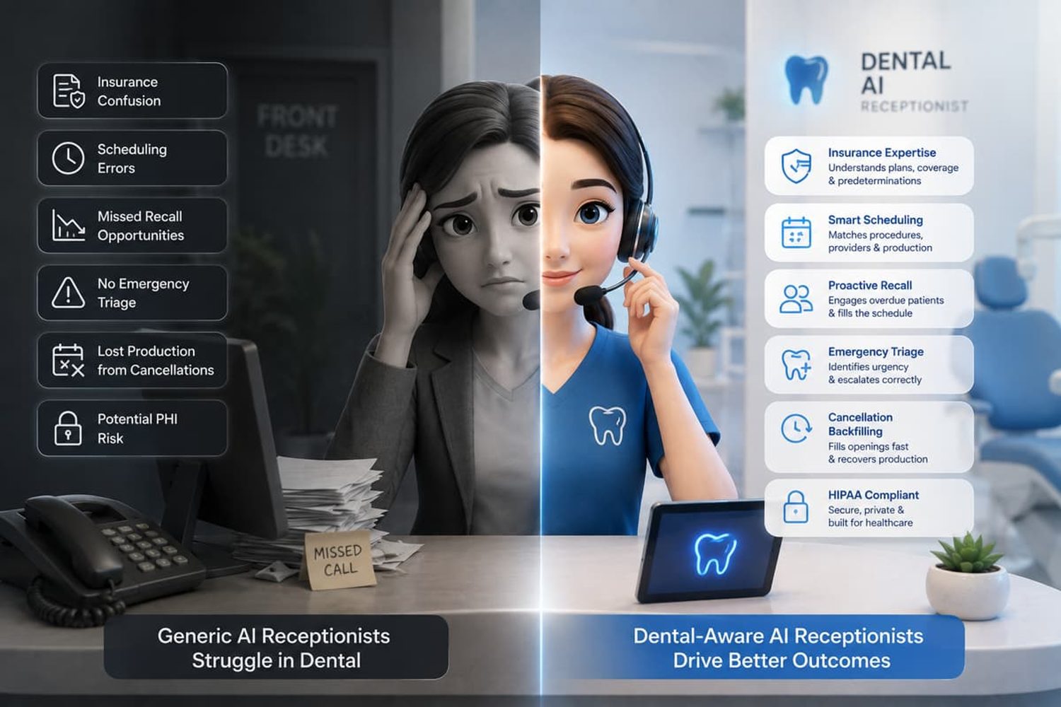 Split visual comparing a stressed generic AI receptionist with an efficient dental-aware AI receptionist.