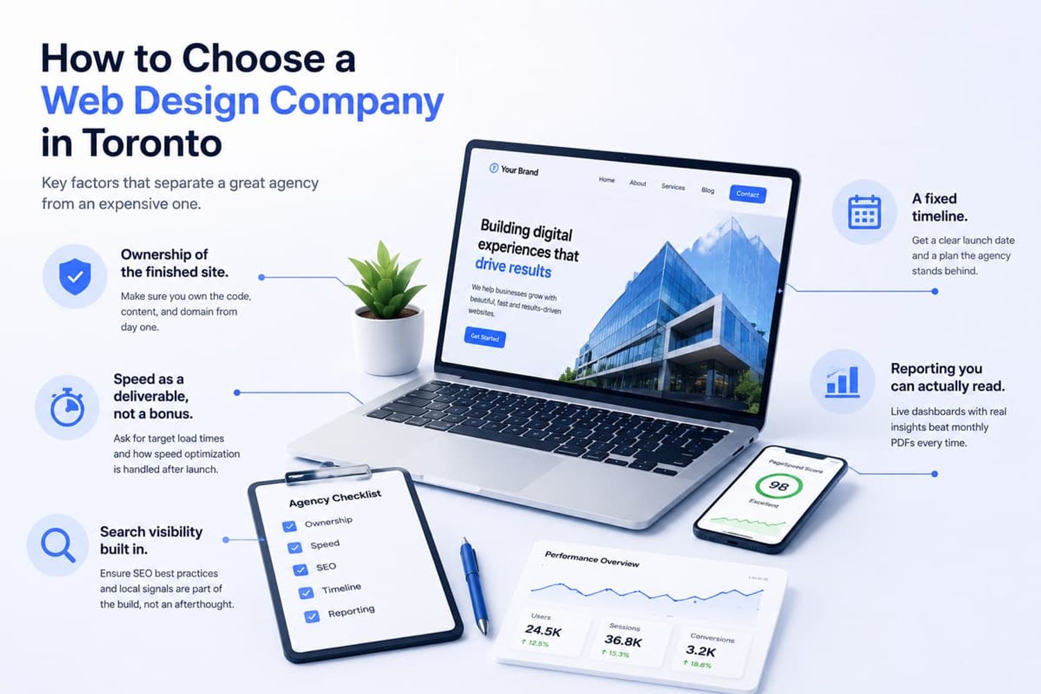 Infographic on how to choose a web design company in Toronto, featuring a laptop mockup and agency checklist.