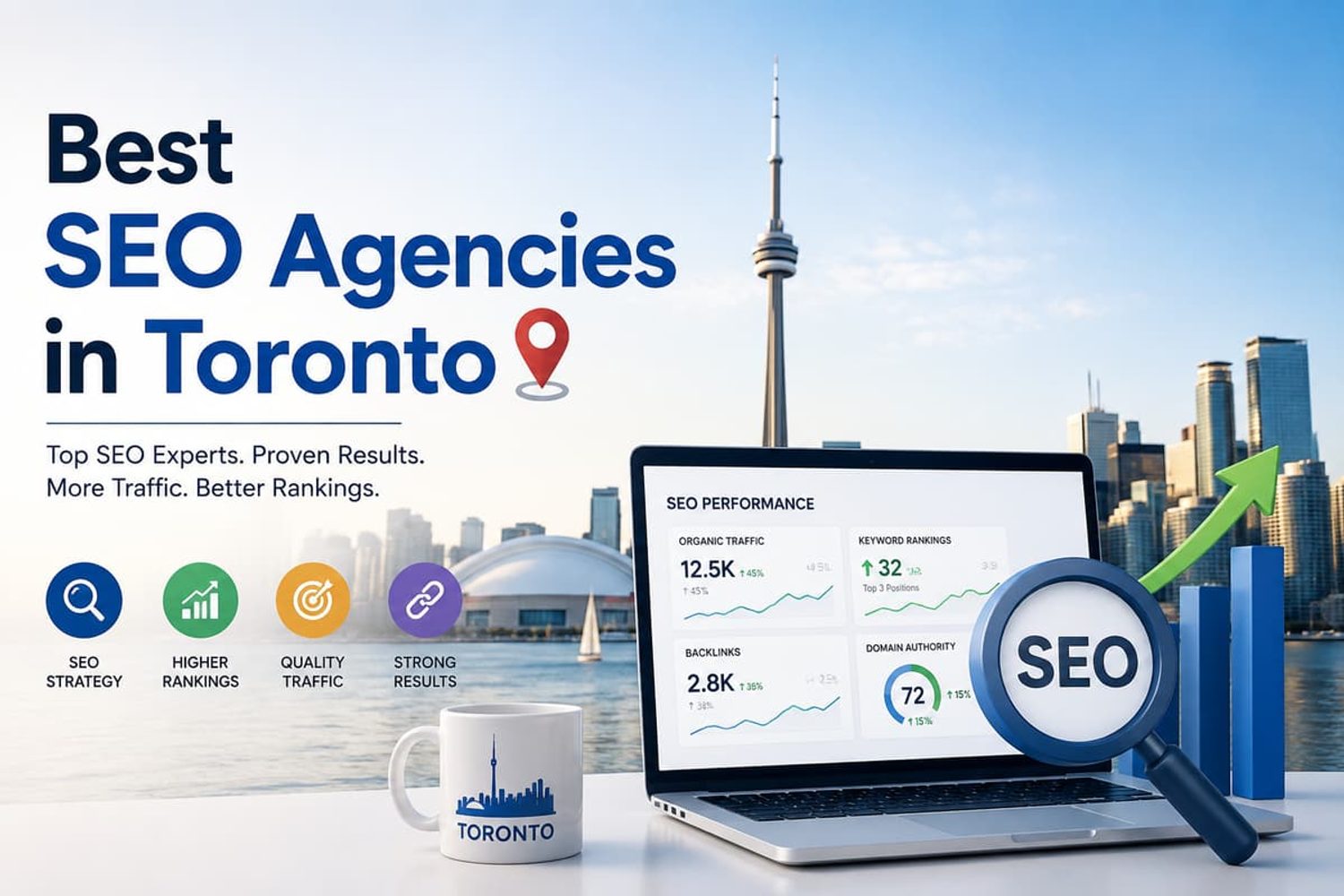 Best SEO Agencies in Toronto banner featuring laptop analytics dashboard and CN Tower city skyline.