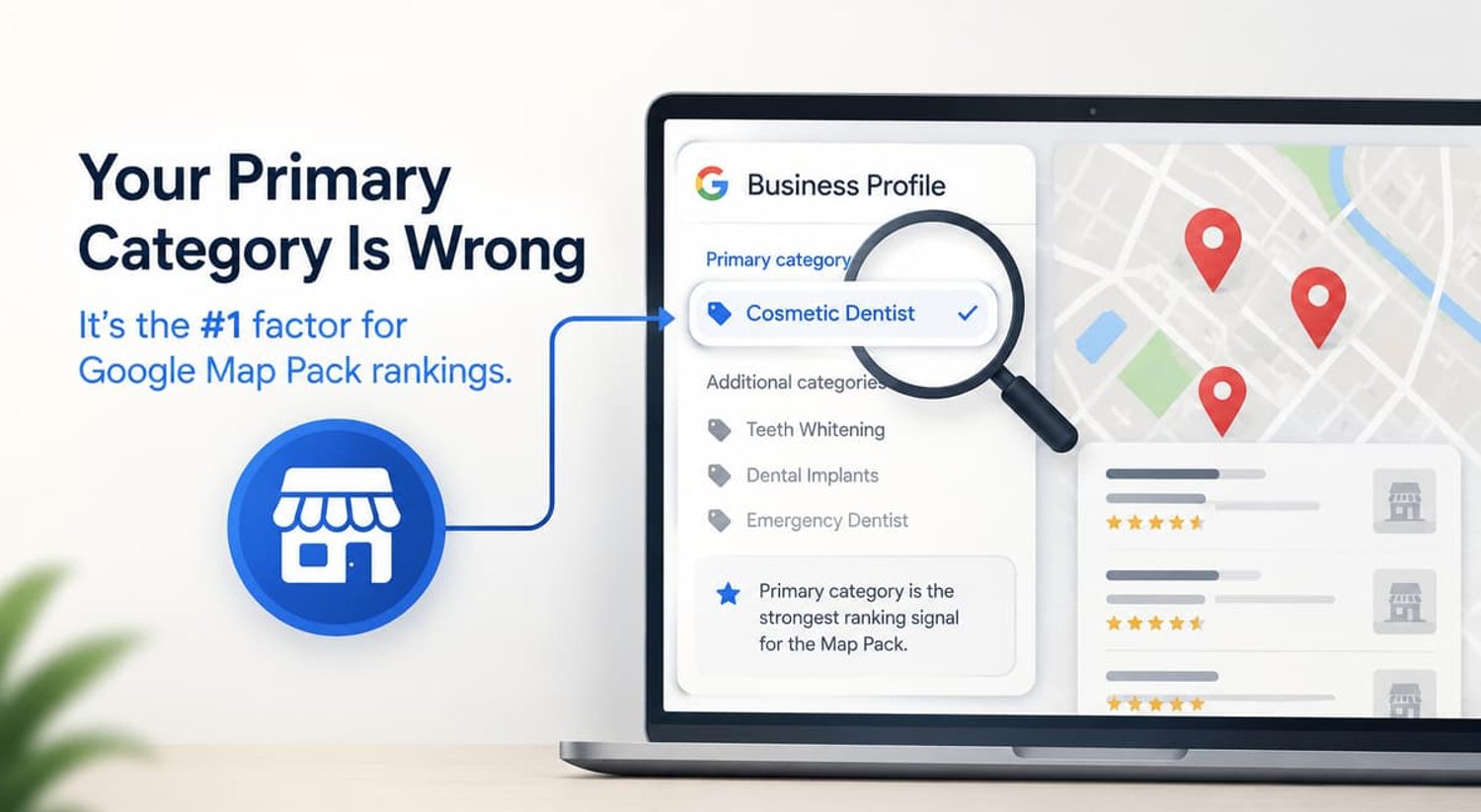 Laptop displaying a Google Business Profile interface highlighting the primary category for Google Map Pack rankings.
