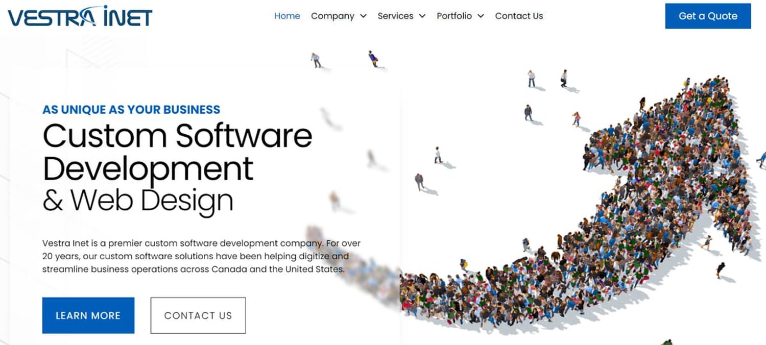 Vestra Inet website hero section for custom software development and web design with an upward arrow made of people.