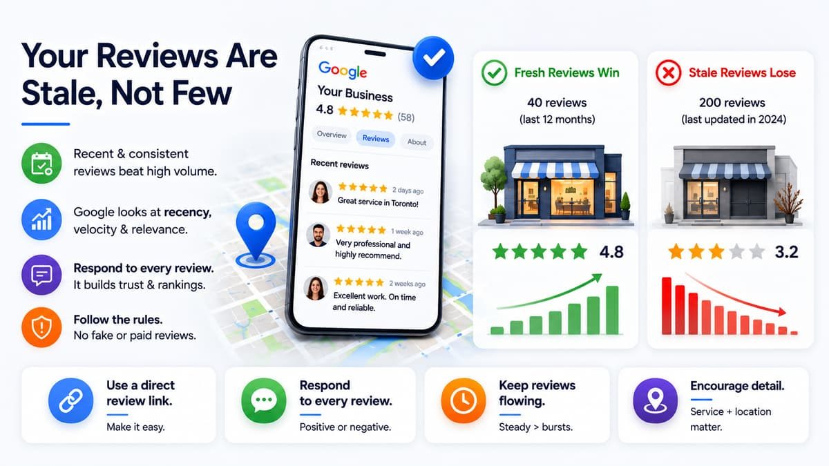 Infographic showing why fresh Google reviews beat stale reviews for local SEO rankings and online reputation.