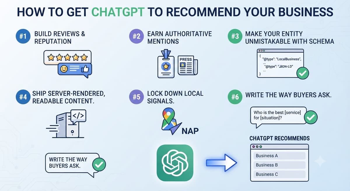 Guide showing six steps to get ChatGPT to recommend your business, including reviews, local signals, and schema markup.