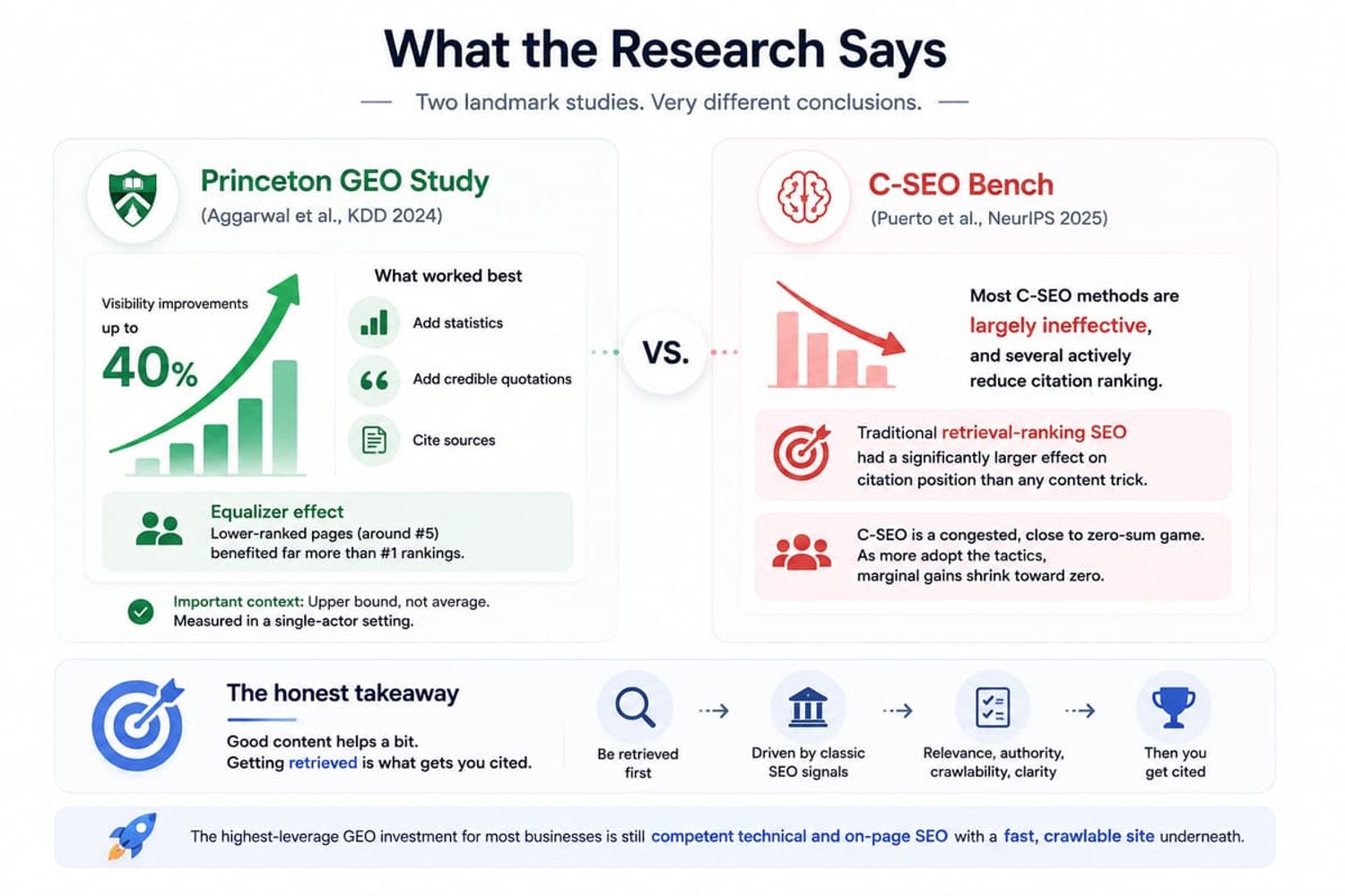 Comparison of Princeton GEO Study and C-SEO Bench research on generative engine optimization versus traditional SEO.
