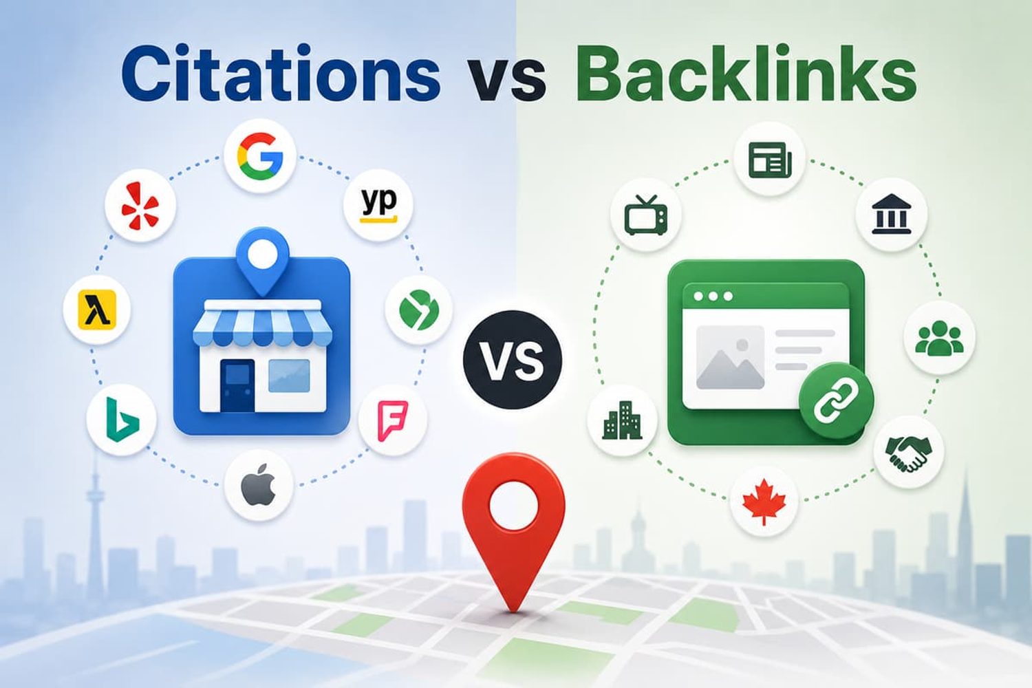 Citations vs backlinks comparison graphic for local SEO with business directories and webpage link building icons.