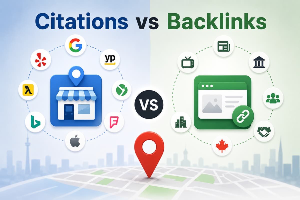 Citations vs backlinks comparison graphic for local SEO with business directories and webpage link building icons.