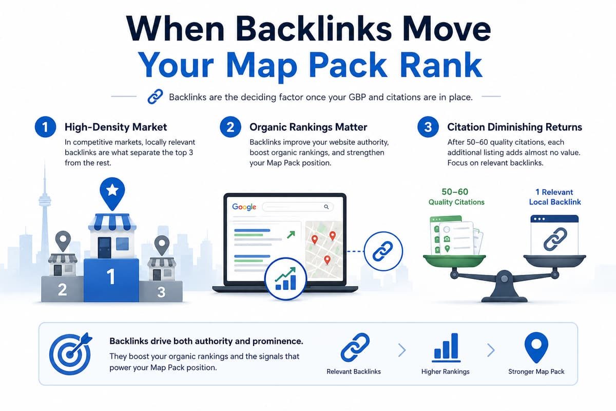 Infographic explaining how backlinks improve Google Map Pack rankings and local SEO performance.