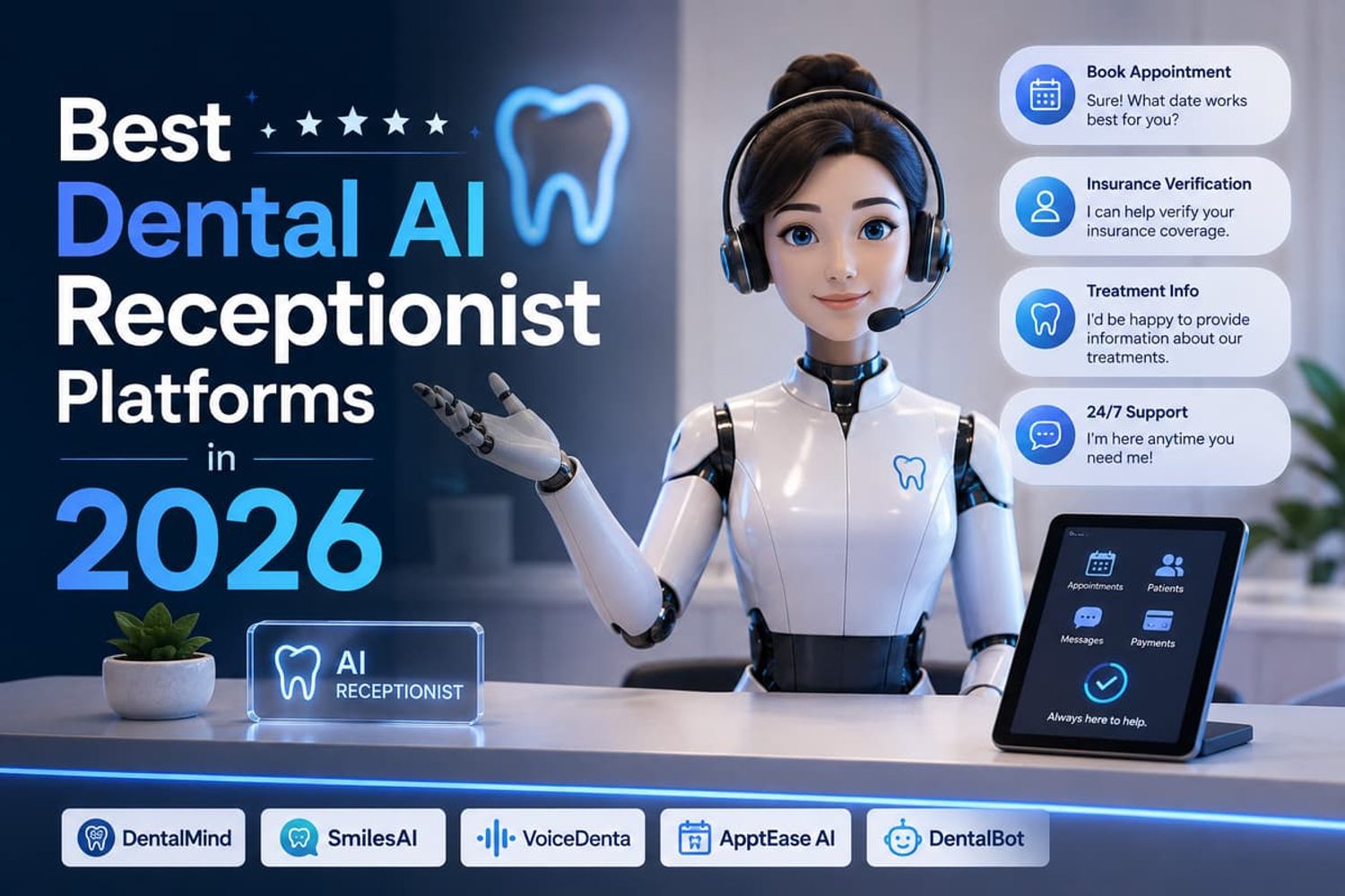 Best Dental AI Receptionist Platforms in 2026 graphic featuring a futuristic robot receptionist wearing a headset.