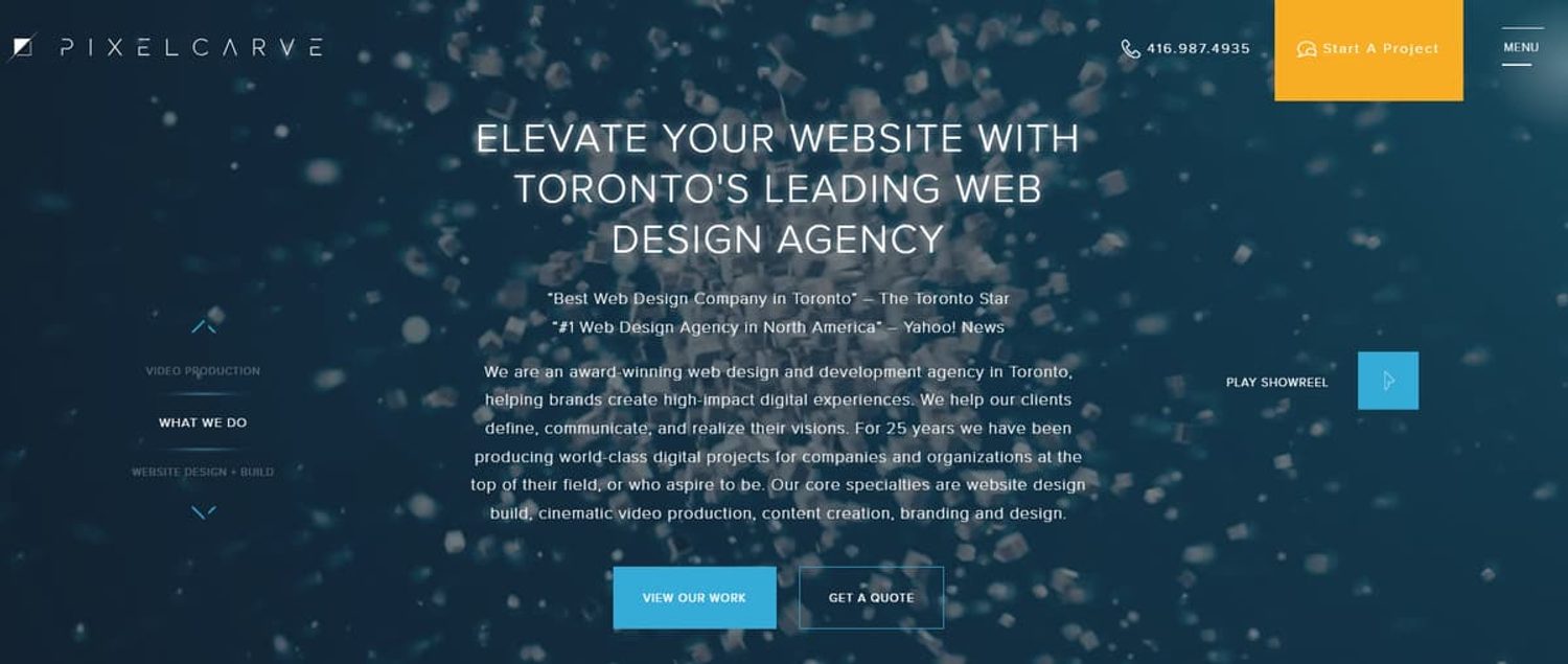 Pixelcarve homepage featuring headline Elevate Your Website With Toronto's Leading Web Design Agency.