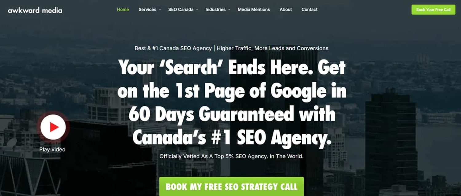 Screenshot of Awkward Media website hero section with headline text over a city skyline.