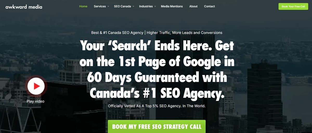 Screenshot of Awkward Media website hero section with headline text over a city skyline.