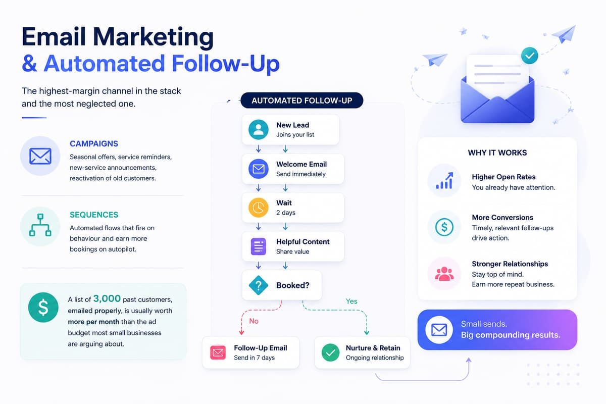 Email marketing and automated follow-up workflow infographic showing lead nurturing sequences and conversion strategy.