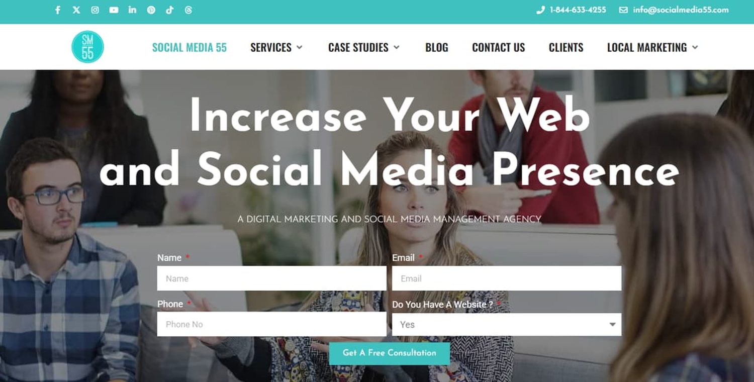 Social Media 55 agency homepage with free consultation form to increase web and social media presence