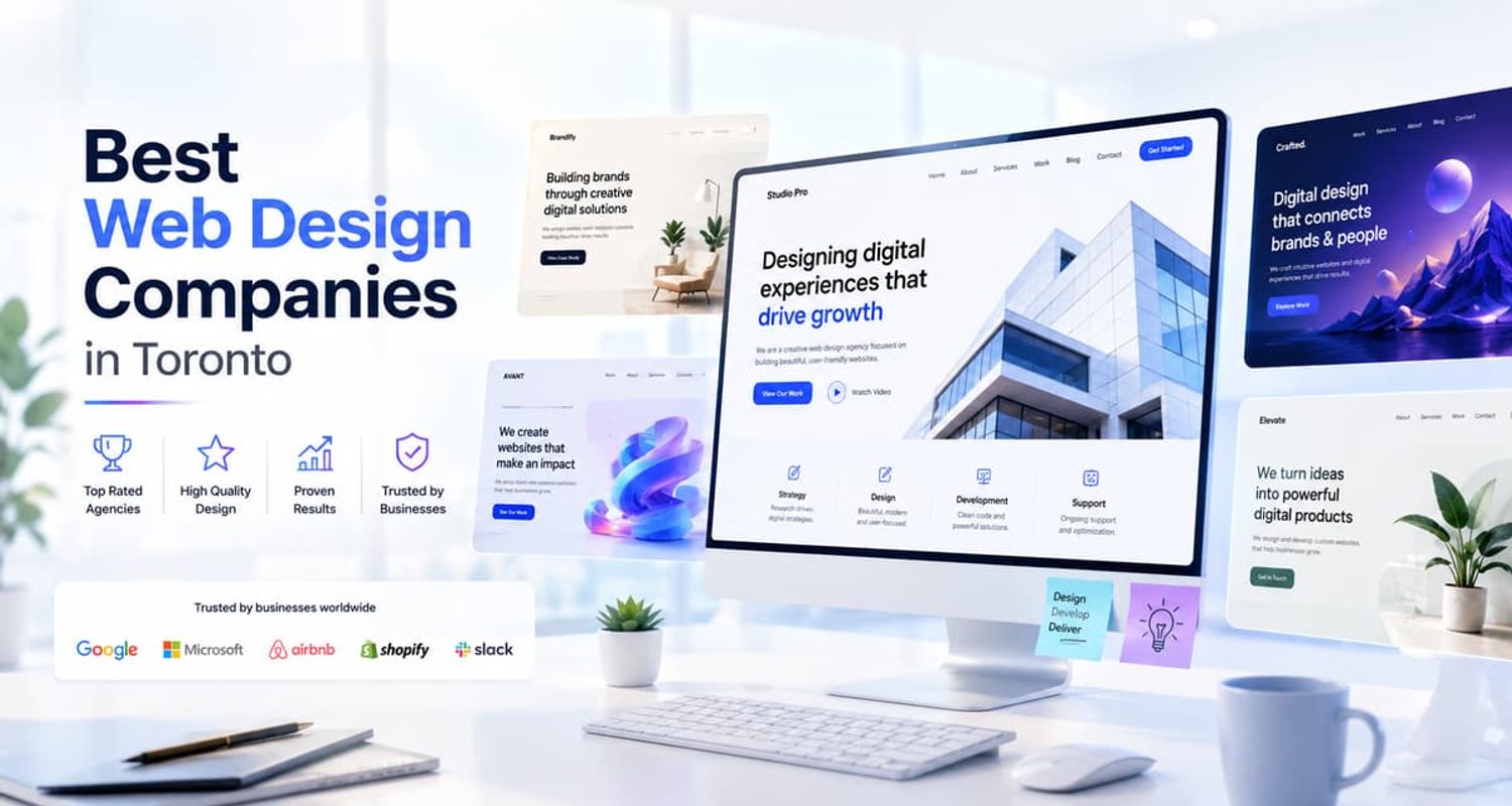Desktop screen and floating website layouts showcasing the best web design companies in Toronto.
