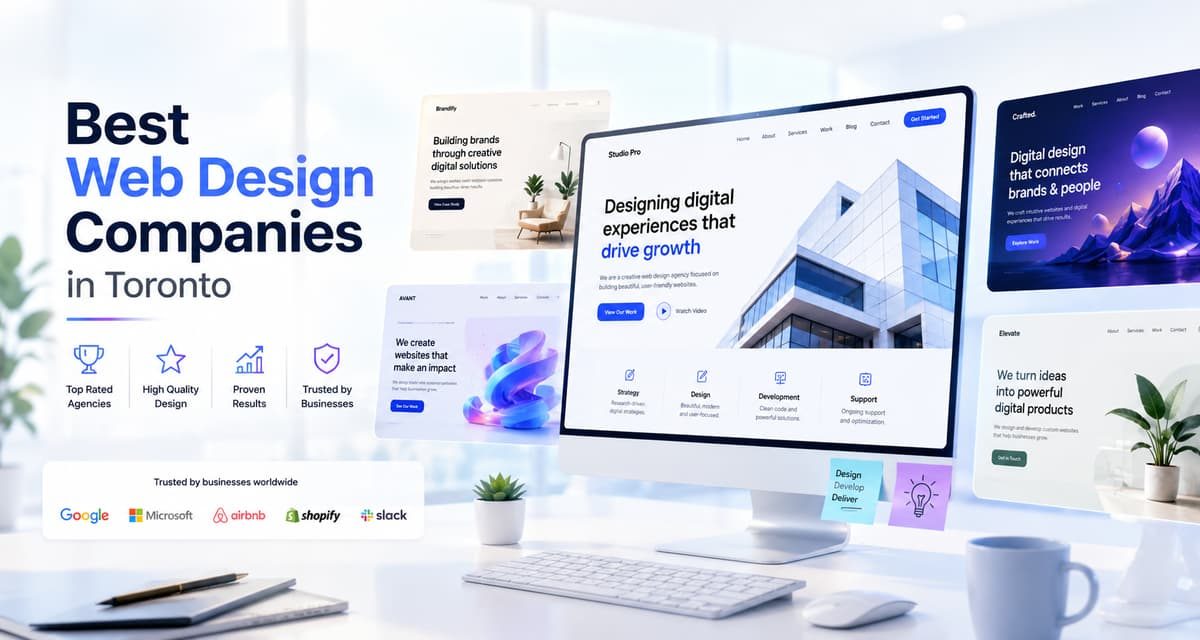 Desktop screen and floating website layouts showcasing the best web design companies in Toronto.