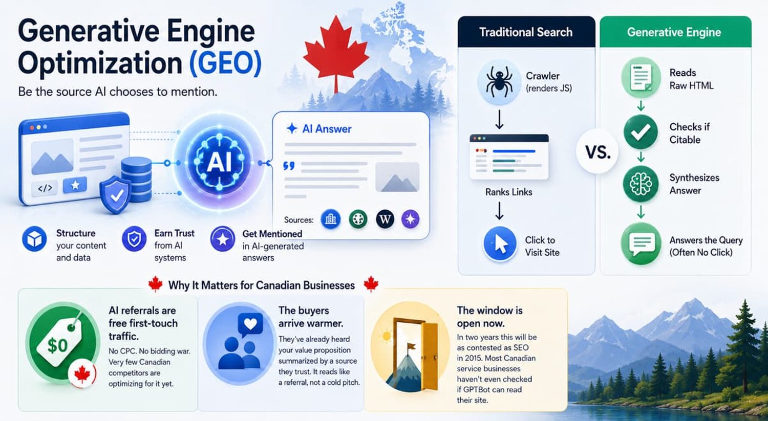 Infographic explaining Generative Engine Optimization (GEO) vs. traditional search and key benefits for businesses.