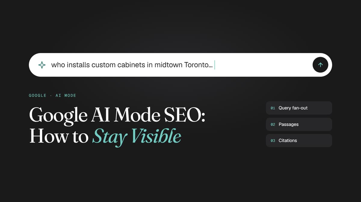 Google AI Mode SEO graphic with an AI search bar showing key factors: query fan-out, passages, and citations.