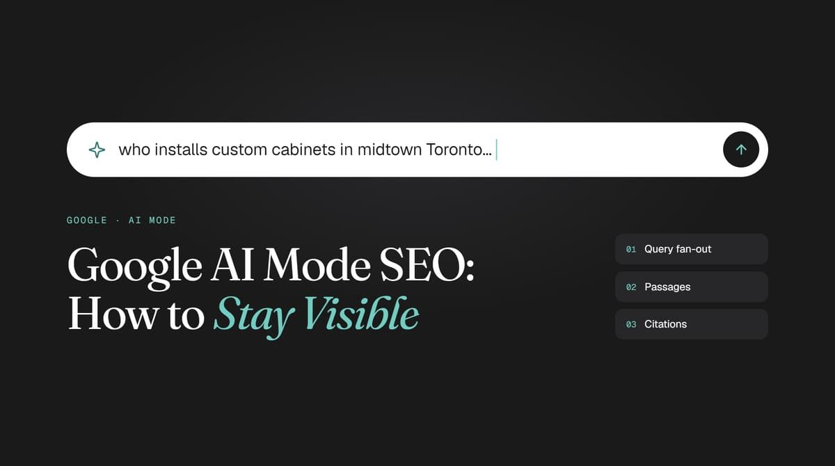 Google AI Mode SEO graphic with an AI search bar showing key factors: query fan-out, passages, and citations.
