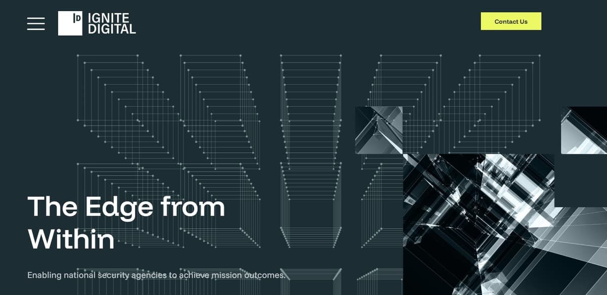 Ignite Digital website hero section featuring geometric wireframe graphics and headline, The Edge from Within.