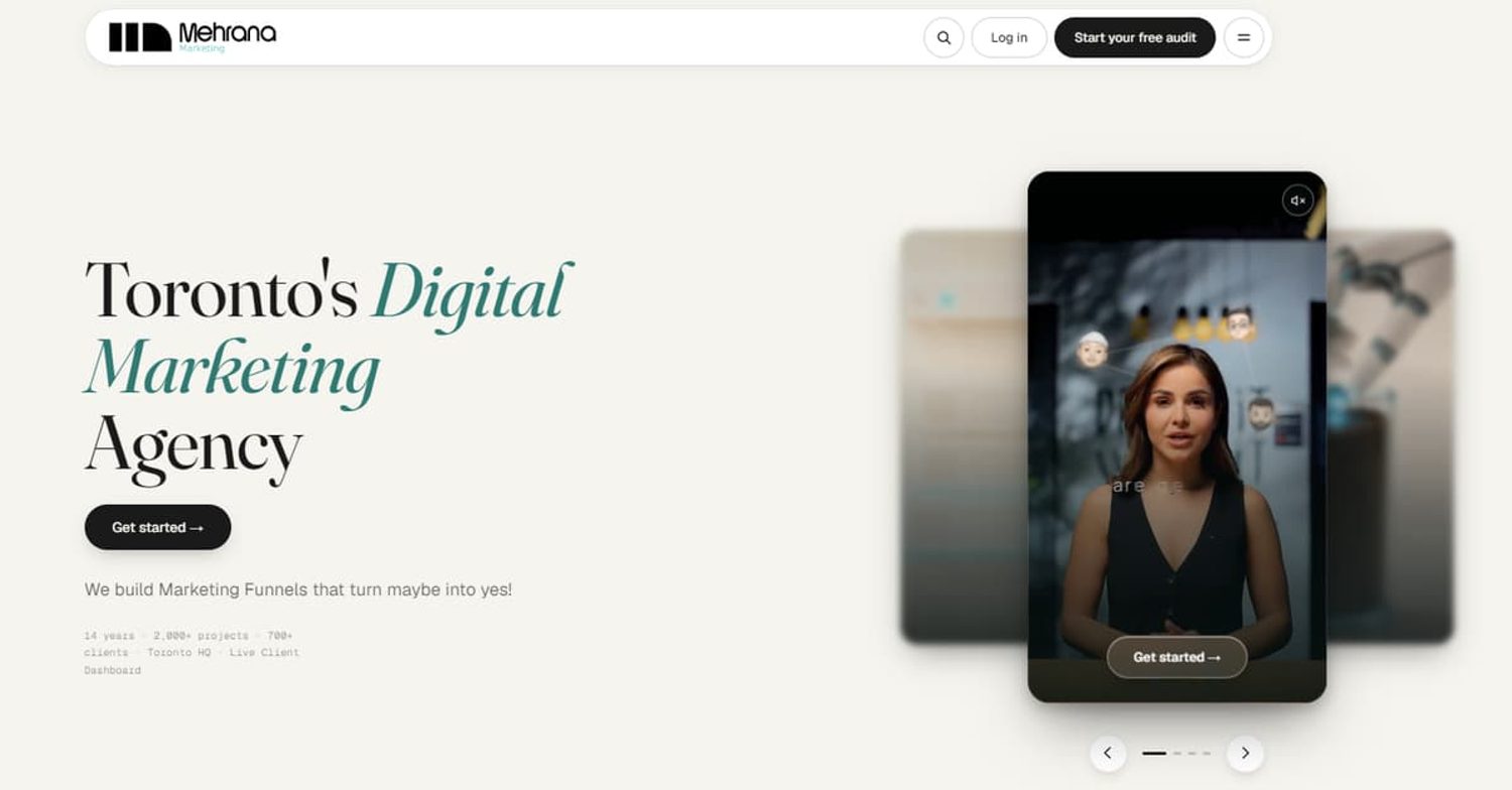 Mehrana Marketing homepage featuring headline Toronto's Digital Marketing Agency and video carousel.