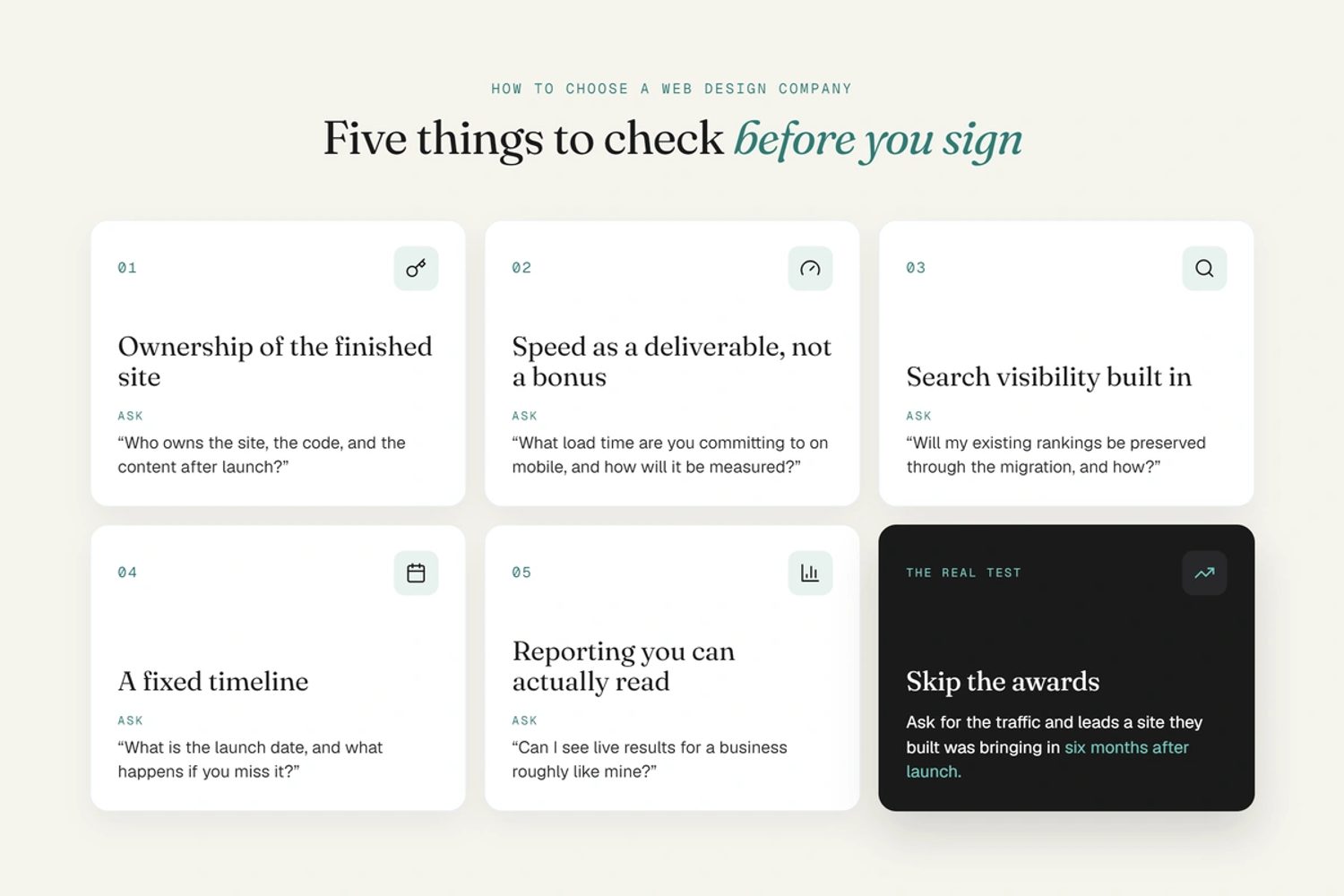Five things to check before hiring a Toronto web design company, each with the question to ask: site ownership, mobile speed, search visibility, a fixed launch date and live results.