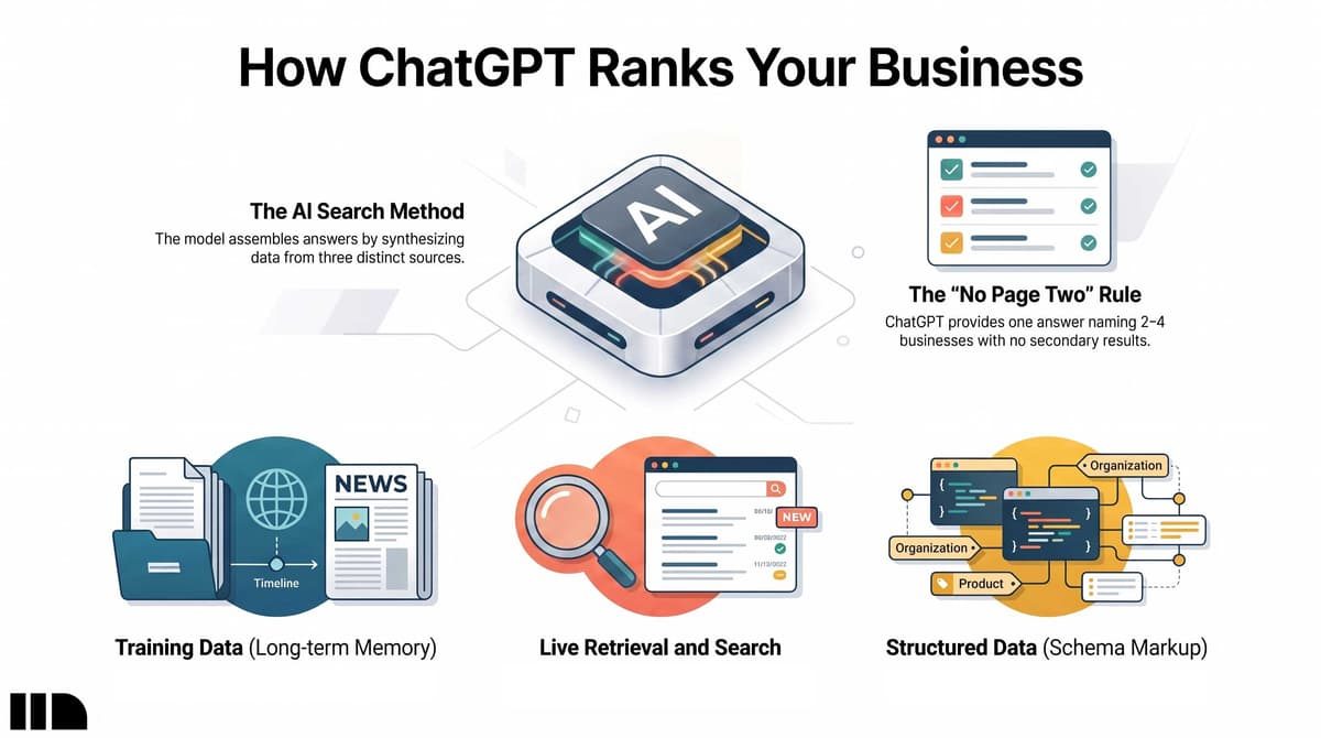 Infographic detailing how ChatGPT ranks businesses using training data, live search retrieval, and structured data.