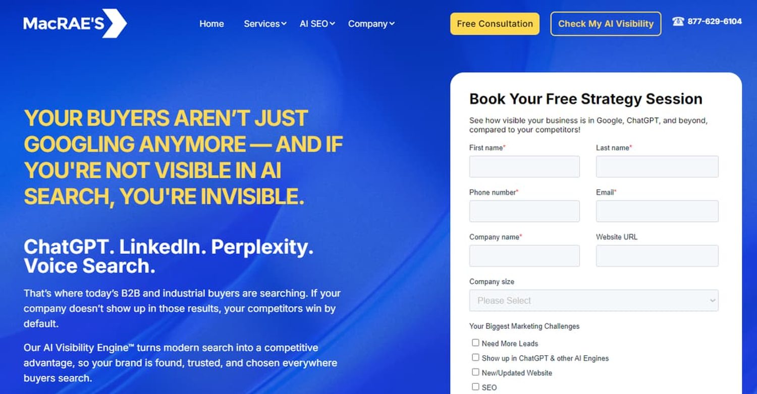 Screenshot of the MacRAE'S website landing page featuring a strategy session booking form.
