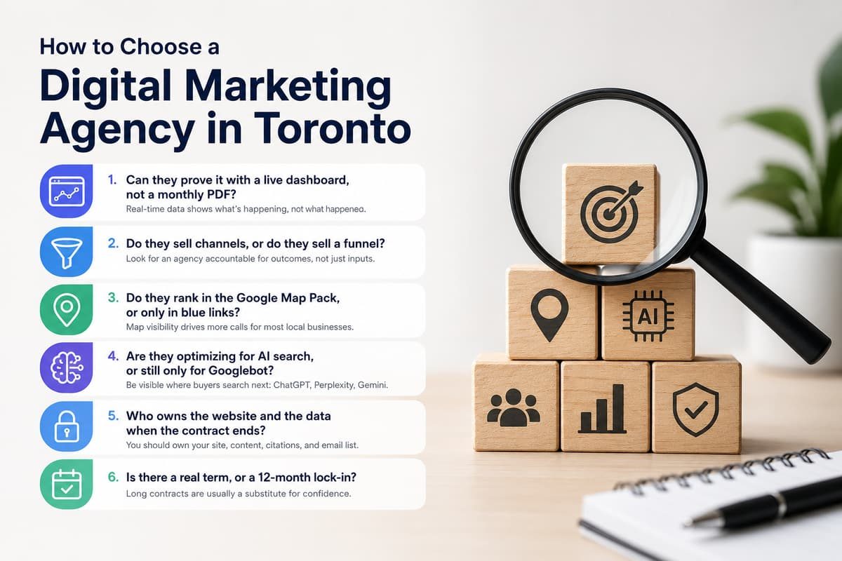 Infographic checklist on how to choose a digital marketing agency in Toronto with 6 key evaluation tips.