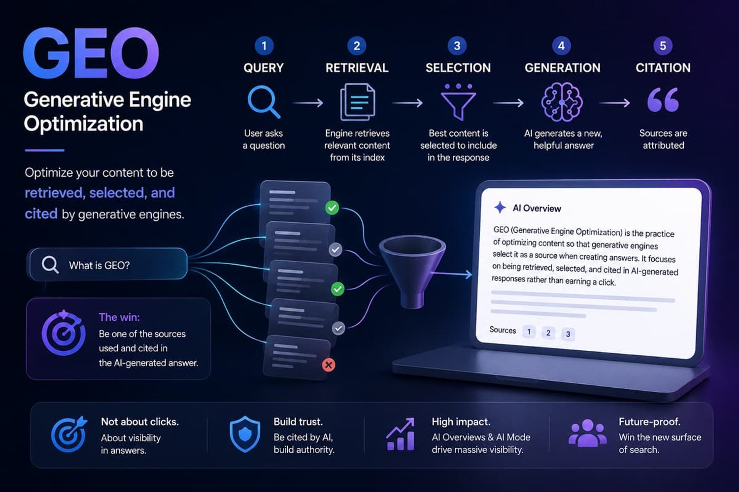 Generative Engine Optimization (GEO) infographic showing the 5-step process from search query to AI citation.