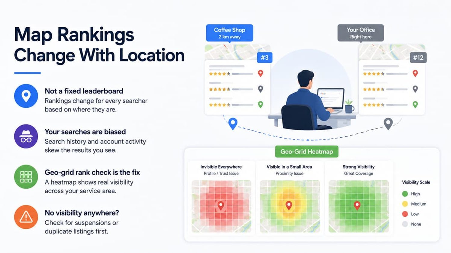 Infographic explaining how map rankings change with search location, featuring a geo-grid heatmap for local SEO.